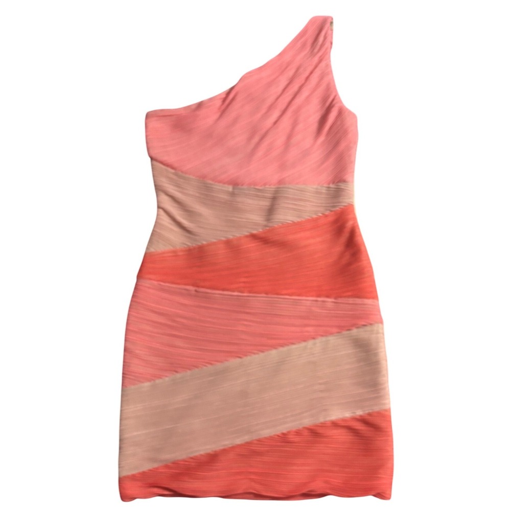 BCBGMAXAZRIA Womens One Shoulder Dress Pink Ombre Pleated Party Dress  Large